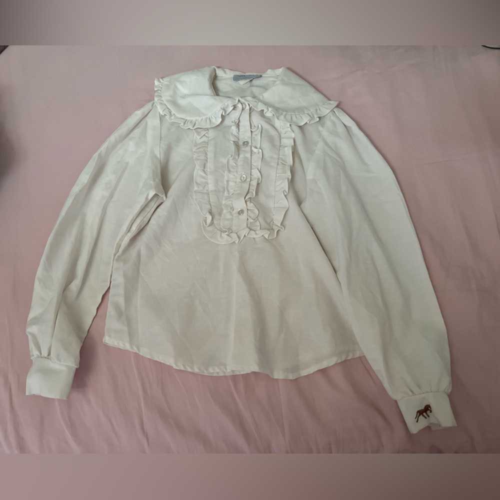 Vintage White Ruffled Blouse with small horse embroidery
